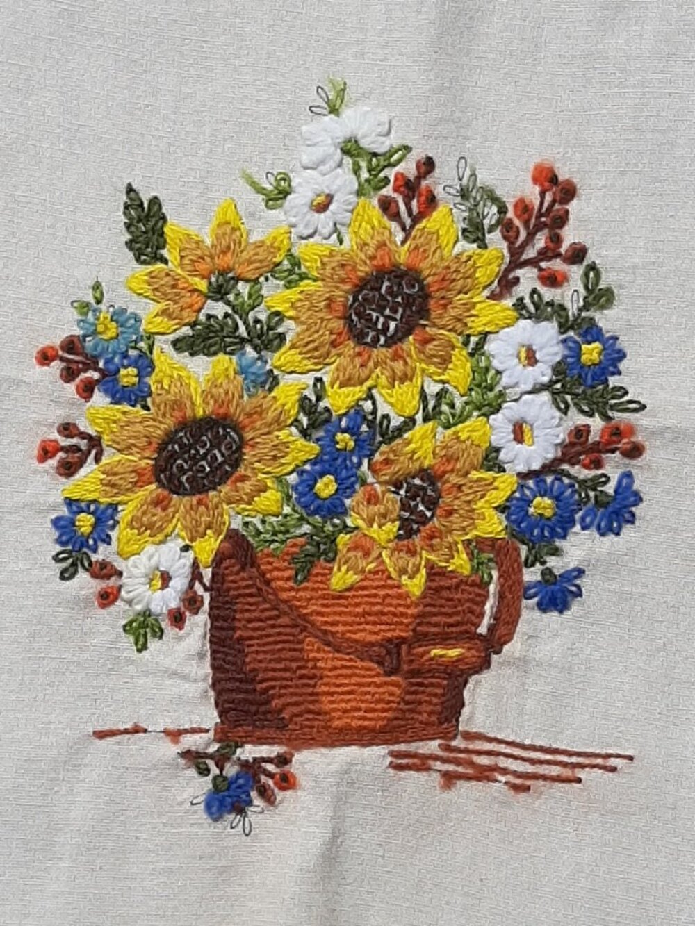Finished Cross Stitch Yellow Sunflowers in Basket 15" x 15"